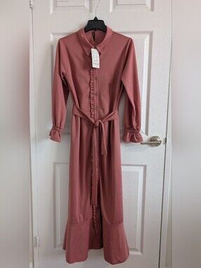 NWT Long Sleeve Cotton Ruffle Button Down Maxi Shirt Pink - Elegant Everyday